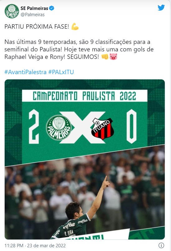 Classificação geral do Paulista 2022 após a vitória do Palmeiras